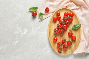 Sulu domates ve gri arka plan üzerinde metin için yer düz yatıyordu kompozisyonu