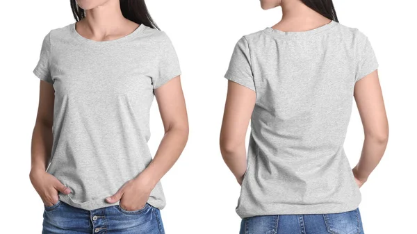 Vista Frontal Traseira Jovem Mulher Camiseta Cinza Fundo Branco Mockup — Fotografia de Stock