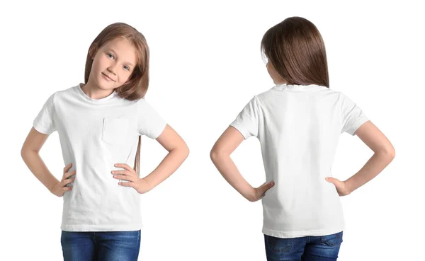 Front Back Views Little Girl Blank Shirt White Background Mockup — Stock Photo, Image