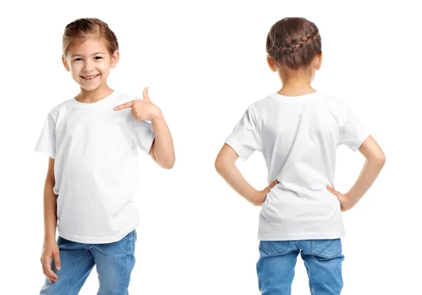 Front Back Views Little Girl Blank Shirt White Background Mockup — Stock Photo, Image