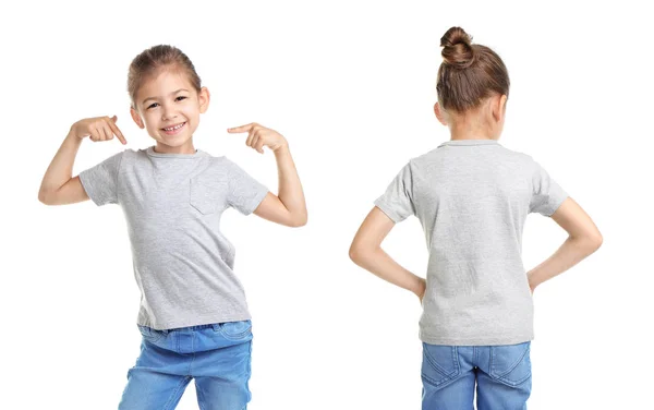 Vue Avant Arrière Petite Fille Shirt Gris Sur Fond Blanc — Photo