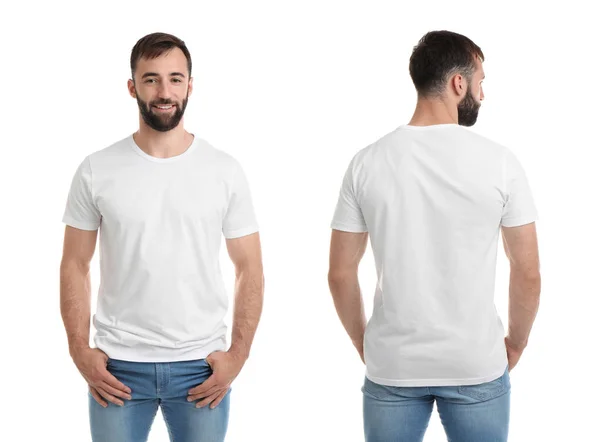 Vista Frontal Traseira Jovem Camiseta Branco Fundo Branco Mockup Para — Fotografia de Stock