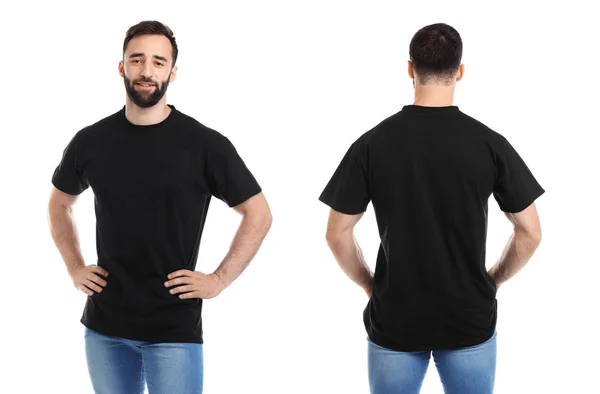 Vistas Frontales Traseras Del Joven Camiseta Negra Sobre Fondo Blanco — Foto de Stock