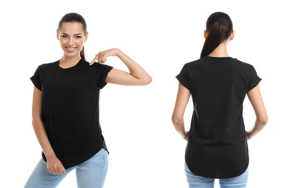 Vue Avant Arrière Jeune Femme Shirt Noir Sur Fond Blanc — Photo