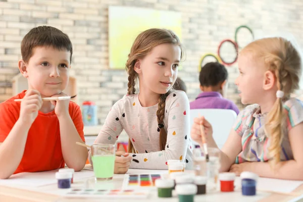 Cute Little Children Painting Table Indoors Learning Playing — Stock Photo, Image