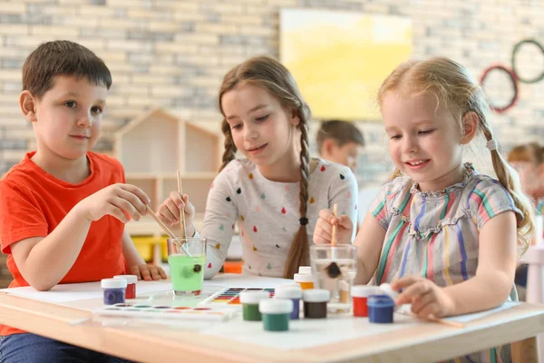 Cute Little Children Painting Table Indoors Learning Playing — Stock Photo, Image