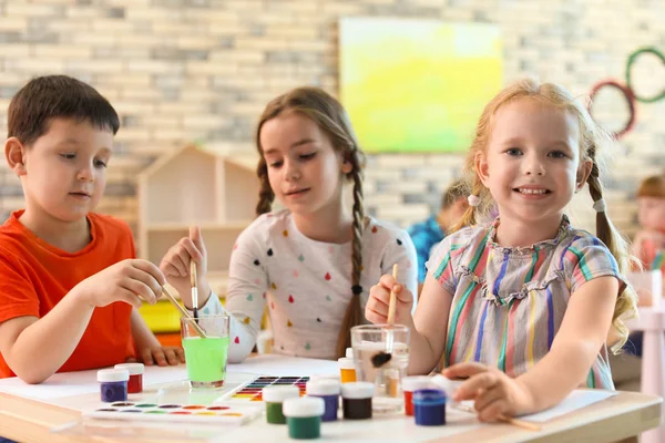 Cute Little Children Painting Table Indoors Learning Playing — Stock Photo, Image