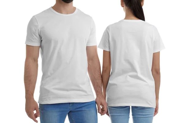 Νεαρό Ζευγάρι Στο Shirts Άσπρο Φόντο Κοροϊδεύω Για Σχεδίαση — Φωτογραφία Αρχείου
