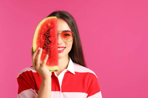 Beautiful Young Woman Posing Watermelon Color Background — Stock Photo, Image