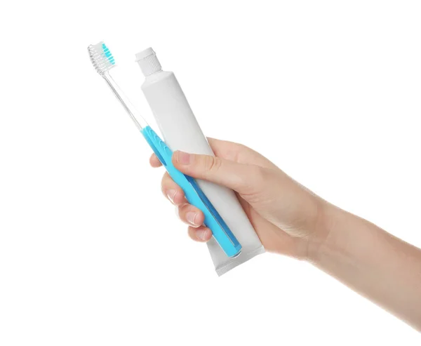 Woman Holding Toothbrush Paste White Background Dental Care — Stock Photo, Image
