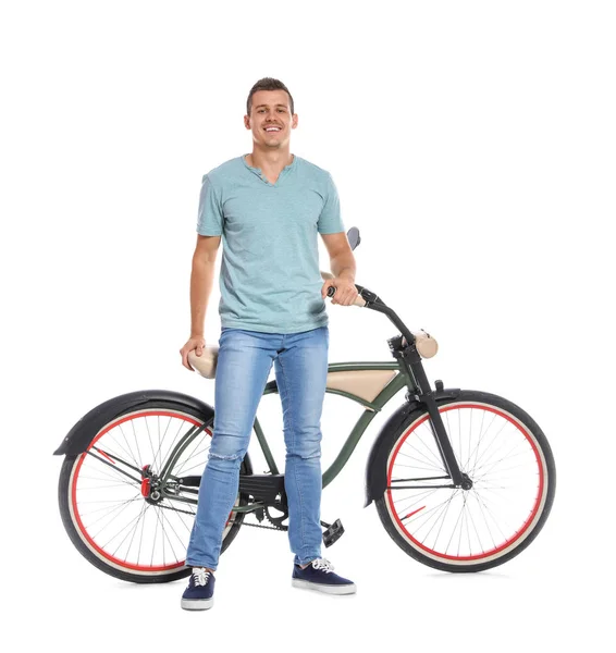 Beyaz Arka Plan Üzerinde Bisiklet Ile Yakışıklı Adam Portresi — Stok fotoğraf