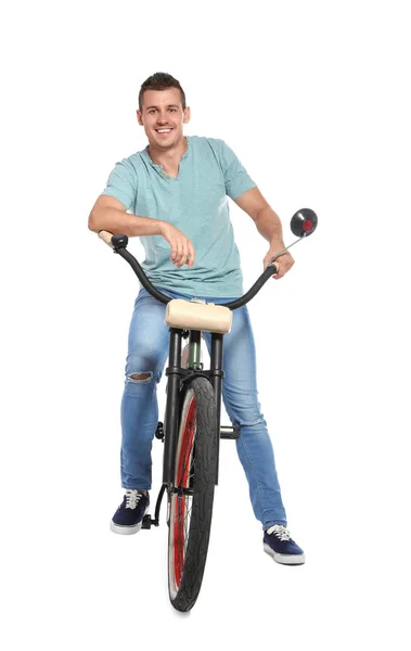 Retrato Homem Bonito Com Bicicleta Fundo Branco — Fotografia de Stock