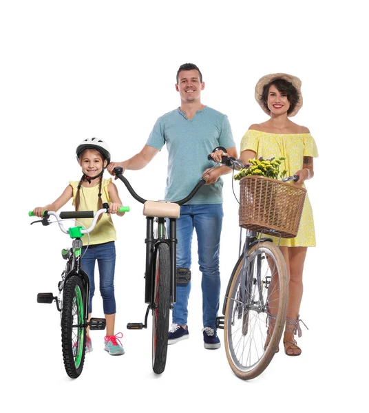 Portrait Parents Leur Fille Avec Des Vélos Sur Fond Blanc — Photo