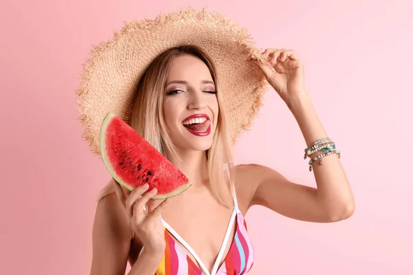 Pretty Young Woman Juicy Watermelon Color Background — Stock Photo, Image