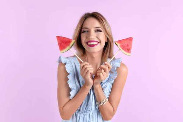 Pretty Young Woman Juicy Watermelon Color Background — Stock Photo, Image