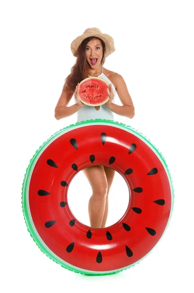 Mooie Jonge Vrouw Met Opblaasbare Ring Watermeloen Witte Achtergrond — Stockfoto