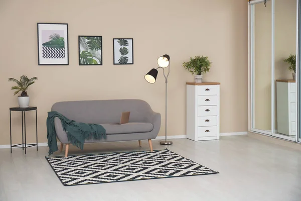 Stylish light room interior with comfortable gray sofa