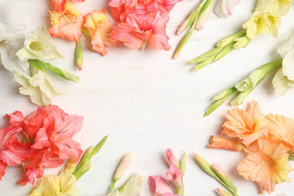 Composição Leigos Planos Com Belas Flores Gladíolo Fundo Madeira — Fotografia de Stock