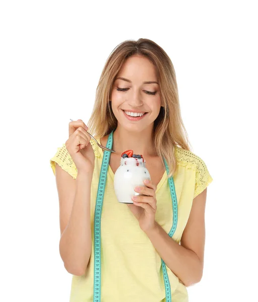 Happy Slim Woman Measuring Tape Yogurt White Background Positive Weight — Stock Photo, Image