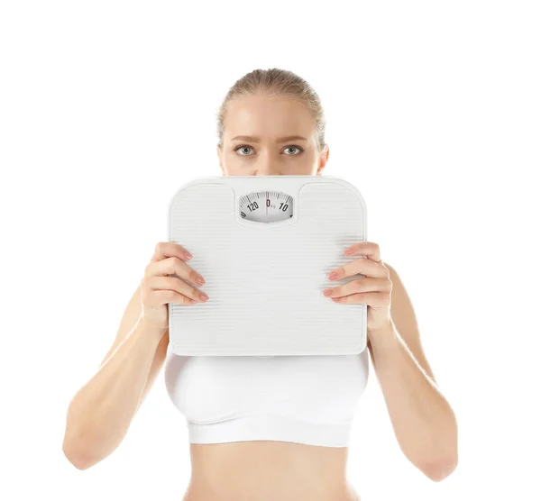 Hermosa Joven Con Escamas Sobre Fondo Blanco Dieta Saludable — Foto de Stock