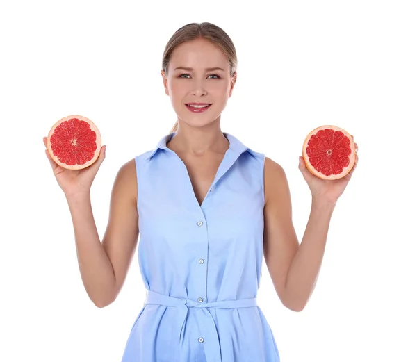 Slim Woman Grapefruit White Background Healthy Diet — Stock Photo, Image