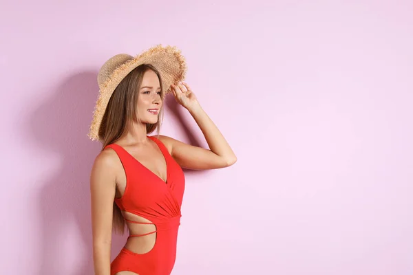 Sexy Young Woman One Piece Bathing Suit Color Background — Stock Photo, Image