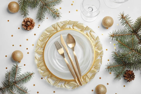 Elegante Tavolo Sfondo Chiaro Vista Dall Alto Celebrazione Natale — Foto Stock