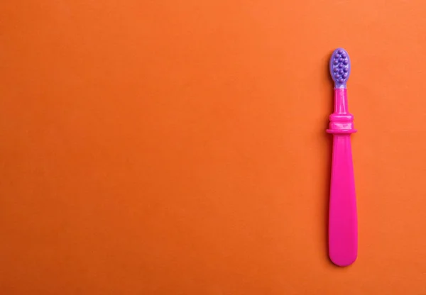 Manual Toothbrush Child Color Background Top View Space Text — Stock Photo, Image