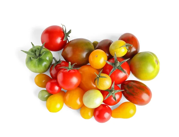 Różne Kolorowe Pomidory Białym Tle Widok Góry — Zdjęcie stockowe
