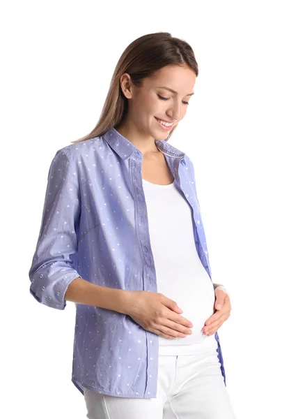 Feliz Embarazada Tocando Vientre Sobre Fondo Blanco — Foto de Stock