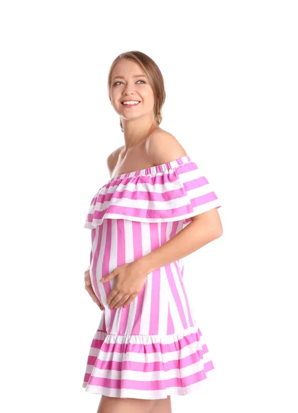 Happy Pregnant Woman Touching Her Belly White Background — Stock Photo, Image