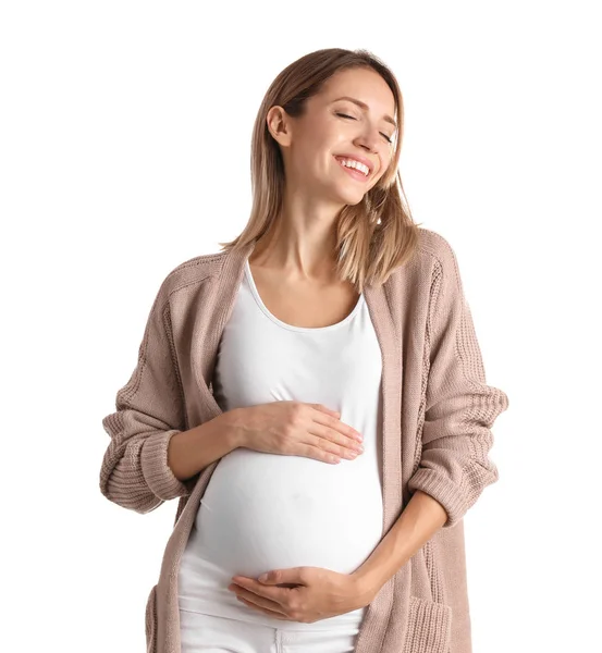 白い背景の上の彼女の腹に触れる幸せな妊娠中の女性 — ストック写真