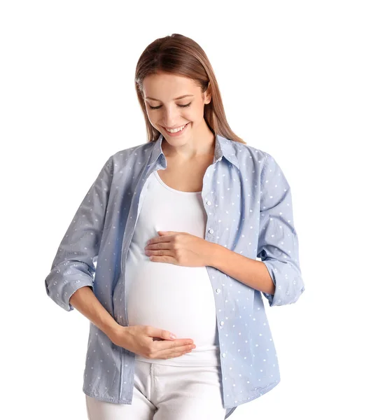 Feliz Mulher Grávida Tocando Sua Barriga Fundo Branco — Fotografia de Stock