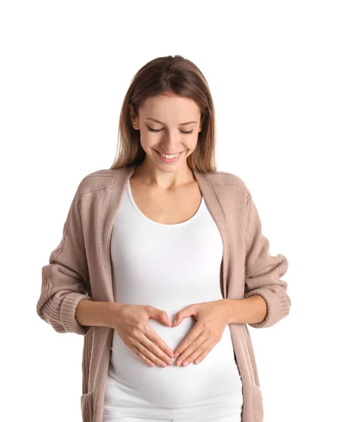 Feliz Mulher Grávida Tocando Sua Barriga Fundo Branco — Fotografia de Stock