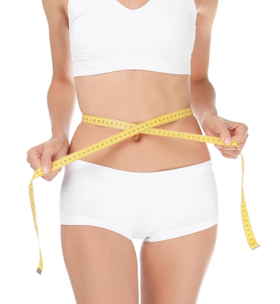 Young Slim Woman Underwear Measuring Tape White Background Weight Loss Stock Photo