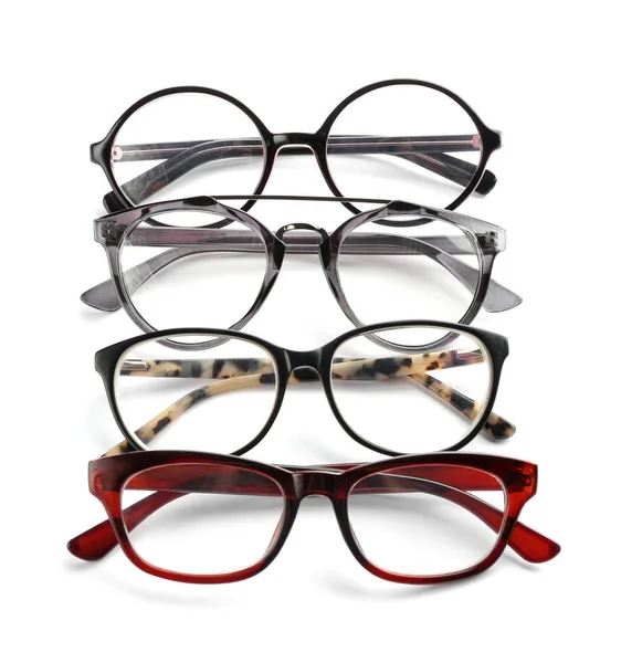 Different Glasses Corrective Lenses White Background Vision Problem Stock Photo