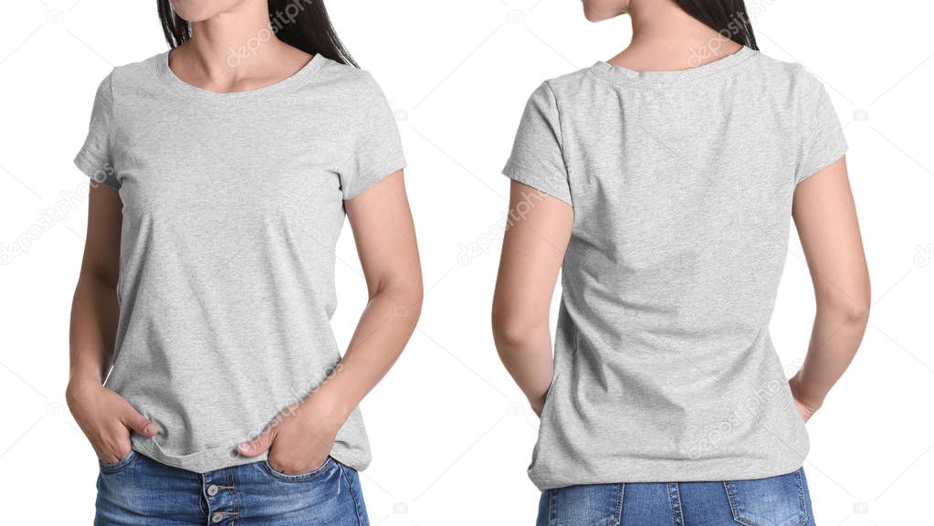 Front and back views of young woman in grey t-shirt on white background. Mockup for design