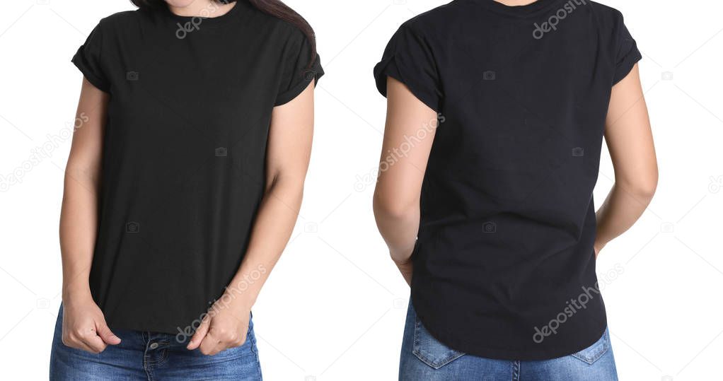 Front and back views of young woman in black t-shirt on white background. Mockup for design