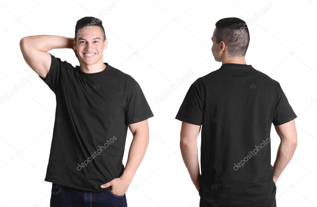 Front and back views of young man in black t-shirt on white background. Mockup for design