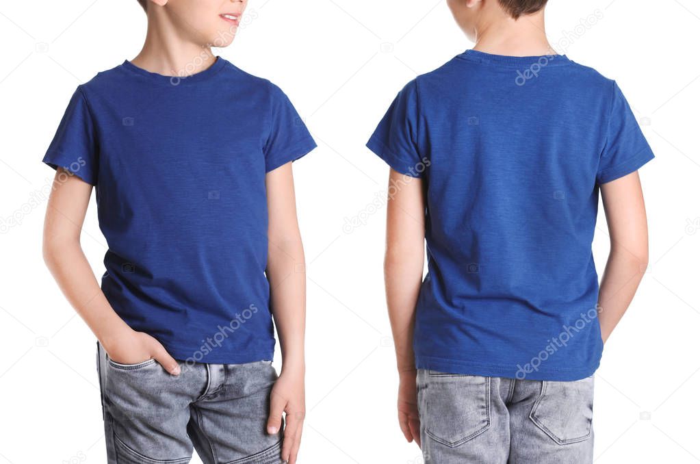 Front and back views of little boy in blue t-shirt on white background. Mockup for design