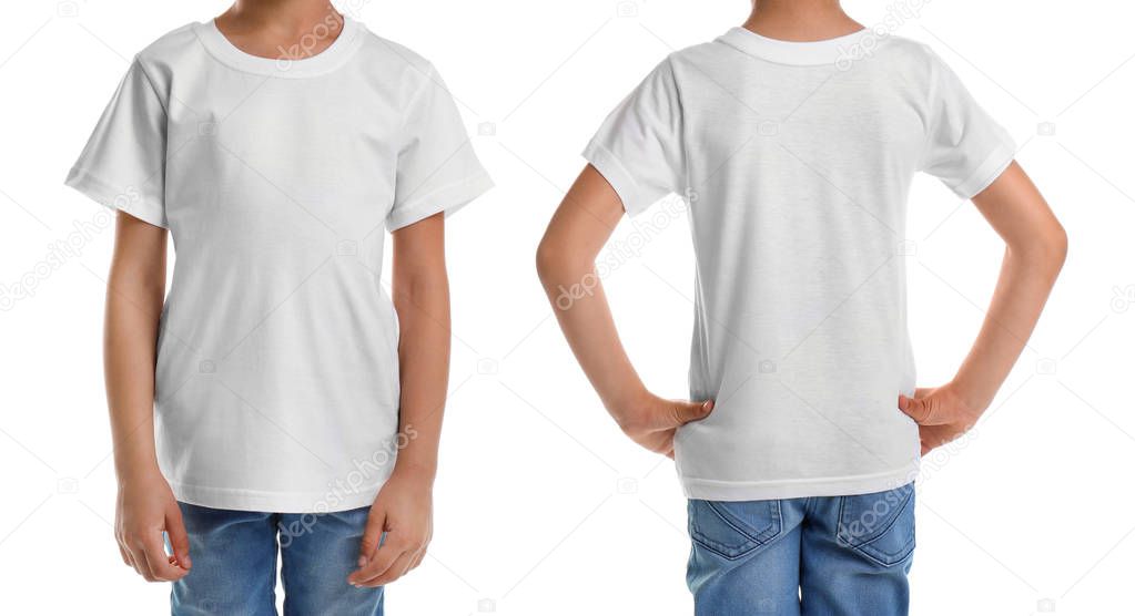 Front and back views of little boy in blank t-shirt on white background. Mockup for design