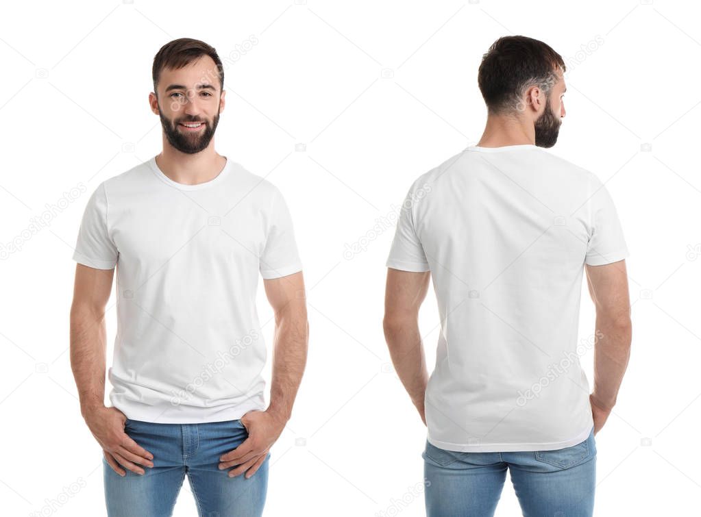 Front and back views of young man in blank t-shirt on white background. Mockup for design