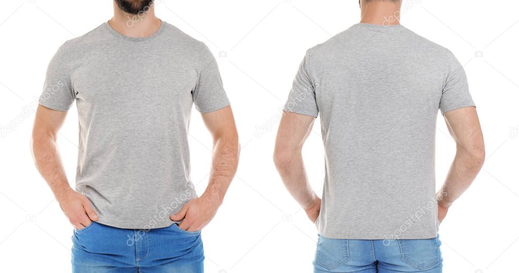 Front and back views of young man in grey t-shirt on white background. Mockup for design