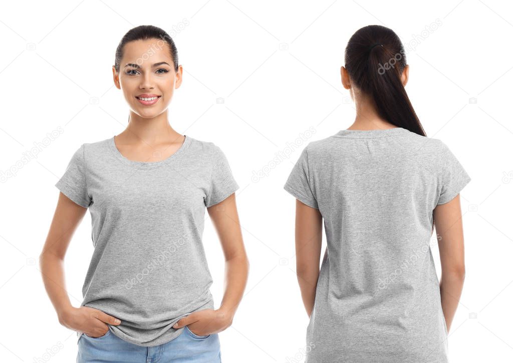 Front and back views of young woman in grey t-shirt on white background. Mockup for design