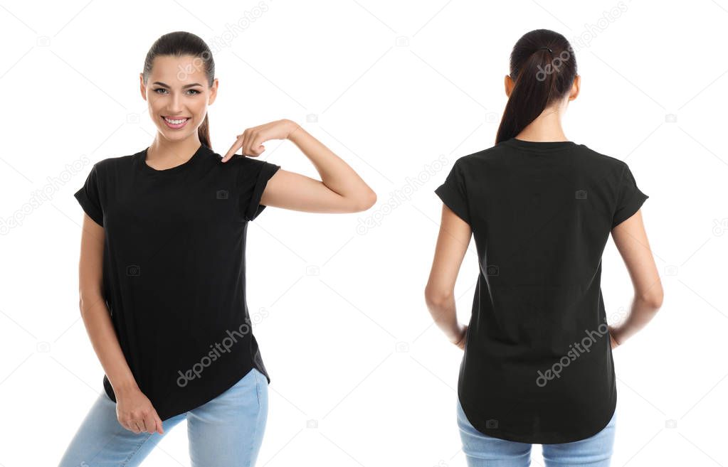 Front and back views of young woman in black t-shirt on white background. Mockup for design