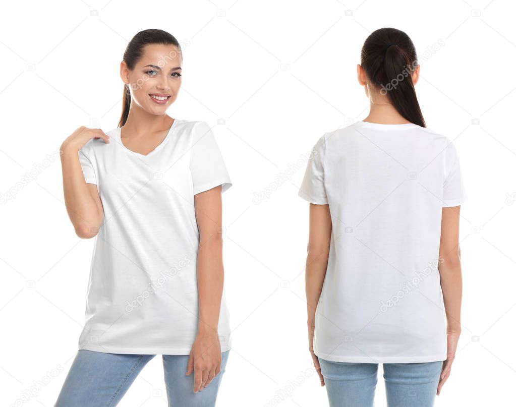 Front and back views of young woman in blank t-shirt on white background. Mockup for design