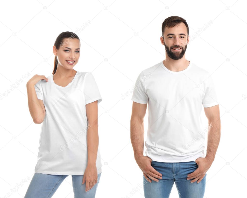 Front view of young woman and man in blank t-shirts on white background. Mockup for design