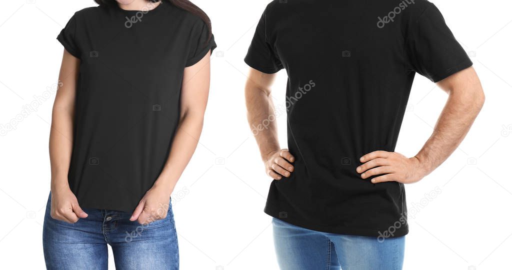 Front view of young woman and man in black t-shirts on white background. Mockup for design