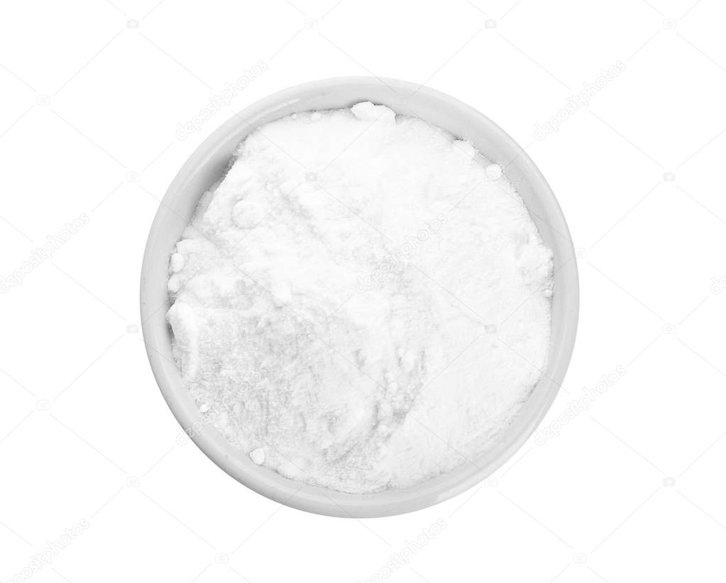 Bowl with baking soda on white background, top view