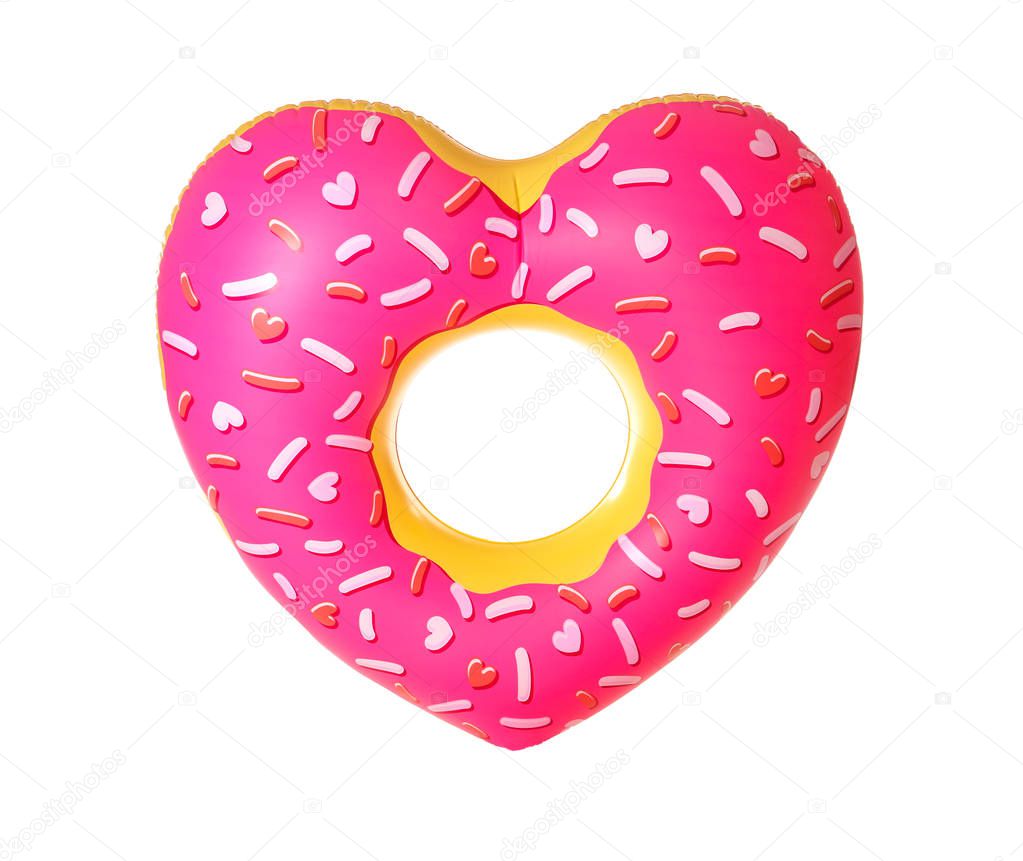 Bright heart-shaped inflatable ring on white background. Summer holidays